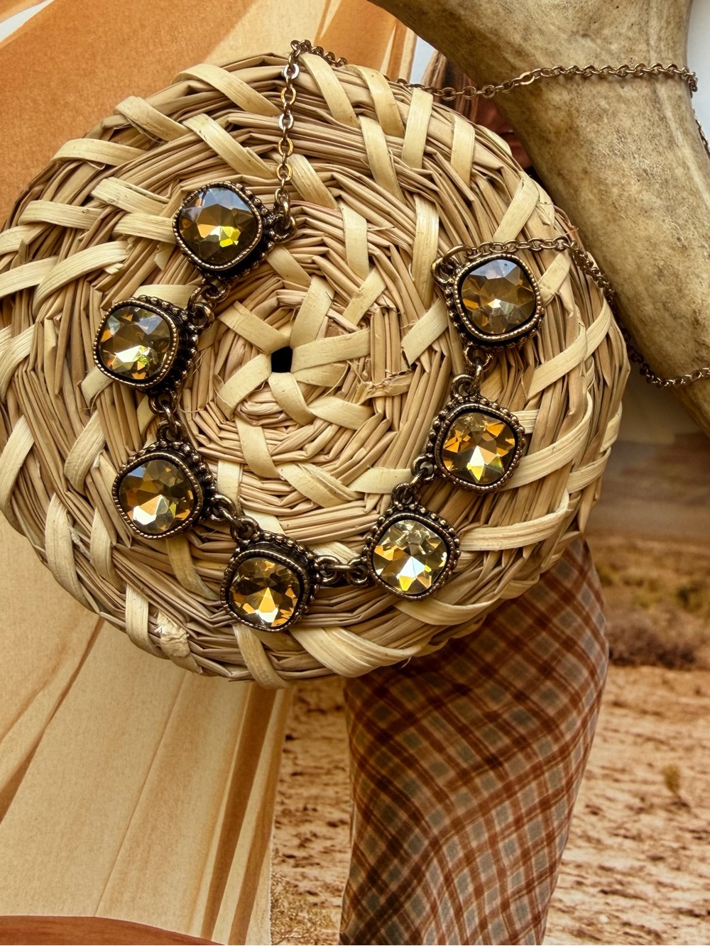Vintage-Style Smoky Crystal Statement Necklace | Antique Silver Tone